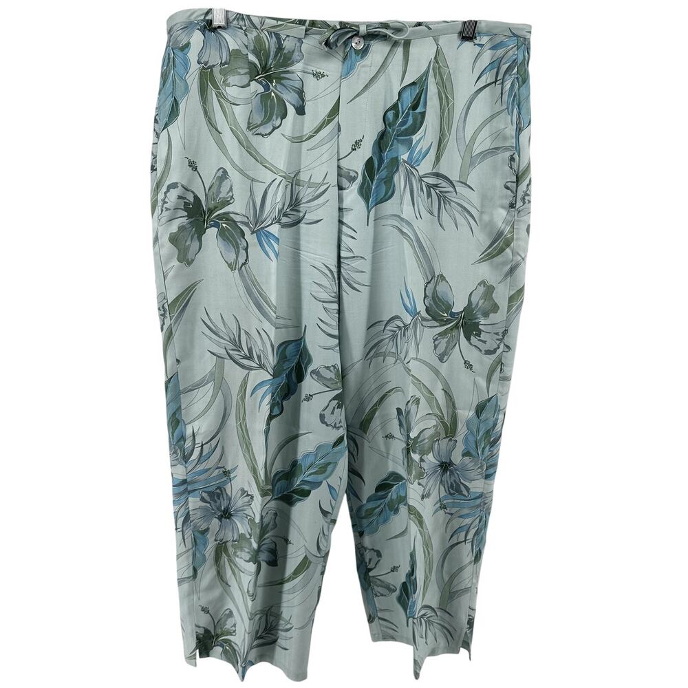 Hilo Hattie 100% Silk Pants Wide Leg Floral Cropped Tropical Blue Large 36"